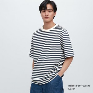 Navy Uniqlo Oversized Striped Half-sleeve Men T Shirts | 3377161