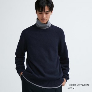 Navy Uniqlo Premium Lambswool Crew Neck Long Sleeve Men Sweaters | 4381818