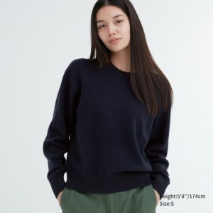 Navy Uniqlo Premium Lambswool Crew Neck Long-sleeve Women Sweaters | 3001497