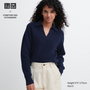 Navy Uniqlo Premium Lambswool Long-Sleeve Polo Women Sweaters | 7413751