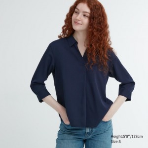Navy Uniqlo Rayon Skipper Collar 3/4-Sleeve Women Blouse | 2497736