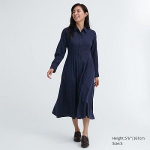 Navy Uniqlo Soft Brushed Long-Sleeve Women Dress | 5398323