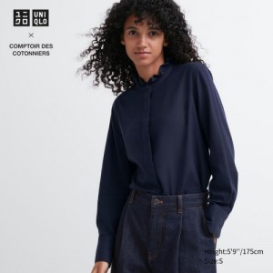 Navy Uniqlo Soft Brushed Stand Collar Long-Sleeve Women Shirts | 4633306