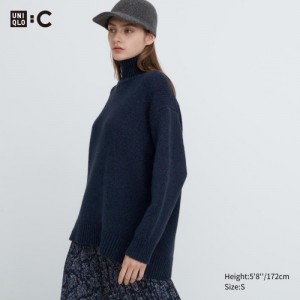 Navy Uniqlo Soft Knit High Neck Long-Sleeve Women Sweaters | 2456313