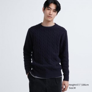 Navy Uniqlo Souffle Yarn Cable Crew Neck Men Sweaters | 2329511
