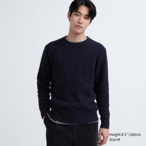 Navy Uniqlo Souffle Yarn Cable Crew Neck Long-Sleeve Women Sweaters | 7788585