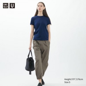 Navy Uniqlo U Crew Neck Short-sleeve Women T Shirts | 4281196