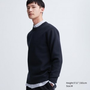 Navy Uniqlo Washable Milano Ribbed Crew Neck Men Sweaters | 4160568