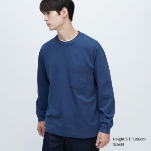 Navy Uniqlo Washed Cotton Crew Neck Long-sleeve Men T Shirts | 9220185