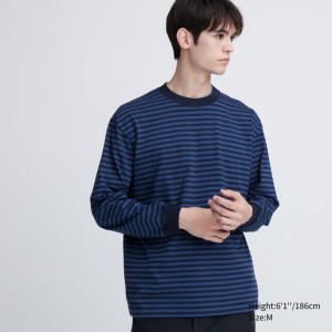 Navy Uniqlo Washed Cotton Oversized Crew Neck Long-sleeve Striped Men T Shirts | 5184778