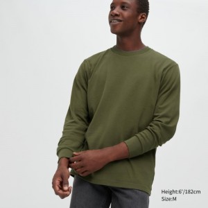 Olive Uniqlo Brushed Cotton Crew Neck Long-sleeve Men T Shirts | 5054791