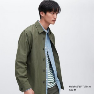 Olive Uniqlo Cotton Linen Over Shirt Men Jackets | 3937712