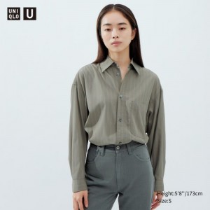 Olive Uniqlo Draped Striped Long-Sleeve Women Shirts | 6509373