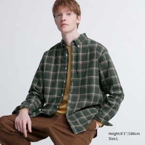 Olive Uniqlo Extra Fine Cotton Broadcloth Checked Long-sleeve Men Shirts | 6669856