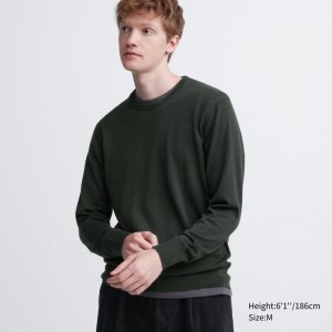 Olive Uniqlo Extra Fine Merino Crew Neck Men Sweaters | 8050527