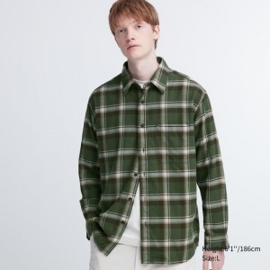 Olive Uniqlo Flannel Checked Long-sleeve Men Shirts | 4052050