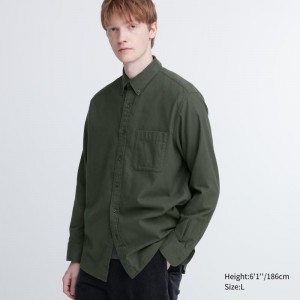 Olive Uniqlo Flannel Long-Sleeve Men Shirts | 9408917