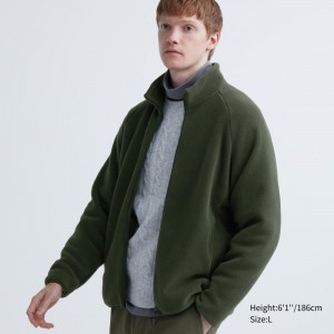 Olive Uniqlo Fleece Long-sleeve Full-zip Men Jackets | 8067956