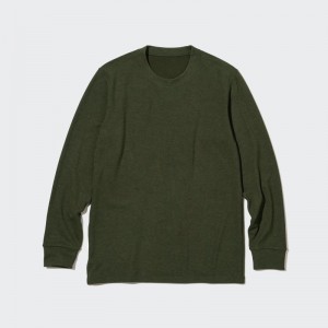 Olive Uniqlo HEATTECH Ultra Warm Crew Neck Long-Sleeve Men T Shirts | 244444