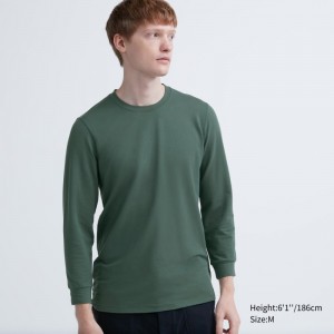 Olive Uniqlo Heattech Cotton Crew Neck Extra Warm Men T Shirts | 6850134