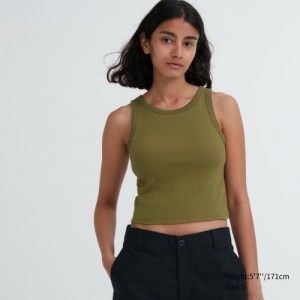 Olive Uniqlo Ribbed Cropped Sleeveless Women Tank Top | 2527527