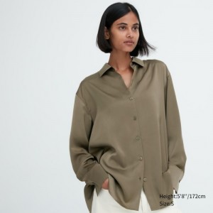 Olive Uniqlo Satin Long-Sleeve Women Blouse | 3009253