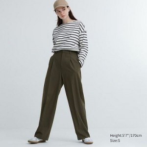 Olive Uniqlo Wide-Fit Pleated Women Pants | 1005976