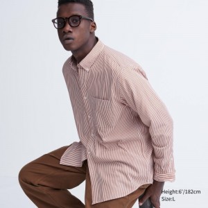 Orange Uniqlo Extra Fine Cotton Broadcloth Striped Long-sleeve Men Shirts | 1950235