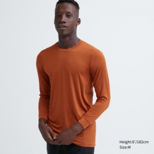 Orange Uniqlo Heattech Crew Neck Long-sleeve Men T Shirts | 9714407