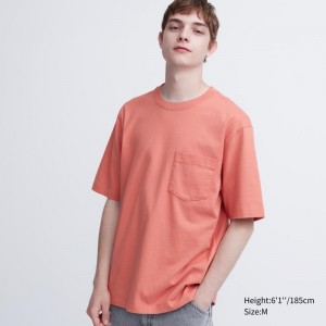 Orange Uniqlo Oversized Pocket Crew Neck Half-sleeve Men T Shirts | 701555