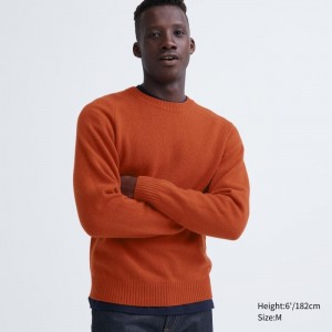 Orange Uniqlo Premium Lambswool Crew Neck Long Sleeve Men Sweaters | 69383