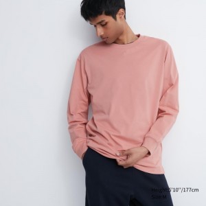 Pink Uniqlo Airism Cotton Uv Protection Crew Neck Long-sleeve Men T Shirts | 4056932