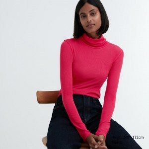 Pink Uniqlo HEATTECH Extra Warm Seamless Ribbed Turtleneck Long-Sleeve Women T Shirts | 2265649