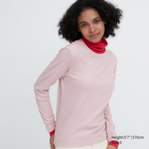 Pink Uniqlo HEATTECH Fleece Crew Neck Long-Sleeve Women T Shirts | 7381280
