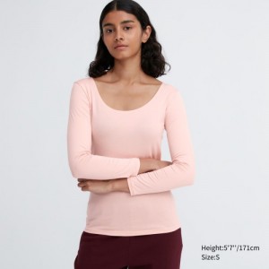 Pink Uniqlo HEATTECH Scoop Neck Long-Sleeve Women T Shirts | 7909610