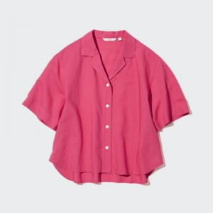 Pink Uniqlo Linen Blend Open Collar Short-Sleeve Women Shirts | 579458