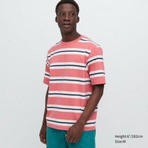 Pink Uniqlo Oversized Striped Half-sleeve Men T Shirts | 7025133