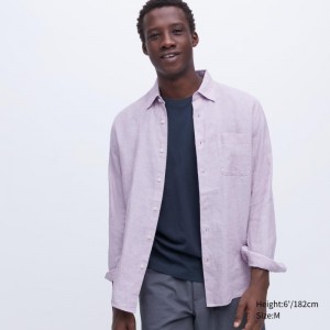 Pink Uniqlo Premium Linen Long-sleeve Men Shirts | 5221865