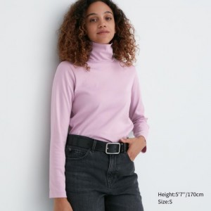 Pink Uniqlo Smooth Stretch Cotton Turtleneck Long-Sleeve Women T Shirts | 9650170