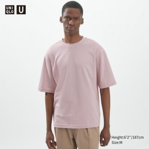 Pink Uniqlo U AIRism Cotton Oversized Crew Neck Half-Sleeve Men T Shirts | 6288670