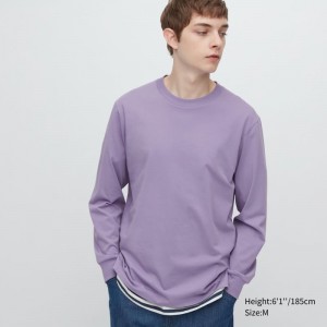 Purple Uniqlo Airism Cotton Uv Protection Crew Neck Men T Shirts | 2102420