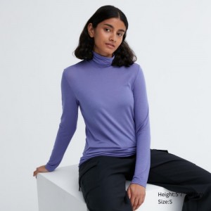 Purple Uniqlo HEATTECH Ultra Light Turtleneck Long-Sleeve Women T Shirts | 123039