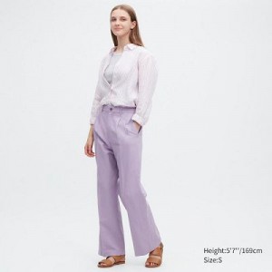 Purple Uniqlo Linen Blend Tucked Wide Women Pants | 6313214