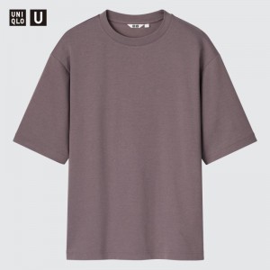 Purple Uniqlo U AIRism Cotton Oversized Crew Neck Half-Sleeve Men T Shirts | 1666710