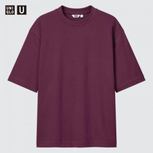 Purple Uniqlo U AIRism Cotton Oversized Crew Neck Half-Sleeve Women T Shirts | 2591837