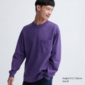 Purple Uniqlo Washed Cotton Crew Neck Long-sleeve Men T Shirts | 5698682