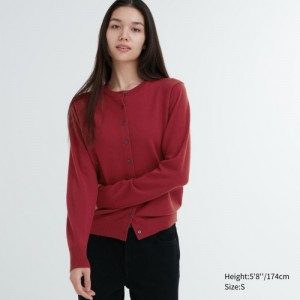 Red Uniqlo Extra Fine Merino Crew Neck Women Cardigan | 3085227
