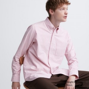 Red Uniqlo Oxford Striped Slim Fit Long-sleeve Men Shirts | 1189265