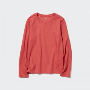 Red Uniqlo Smooth Stretch Cotton Crew Neck Long-Sleeve Women T Shirts | 1247958