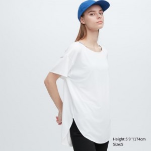 White Uniqlo AIRism Seamless Boat Neck Short-Sleeve Long Women T Shirts | 3529099